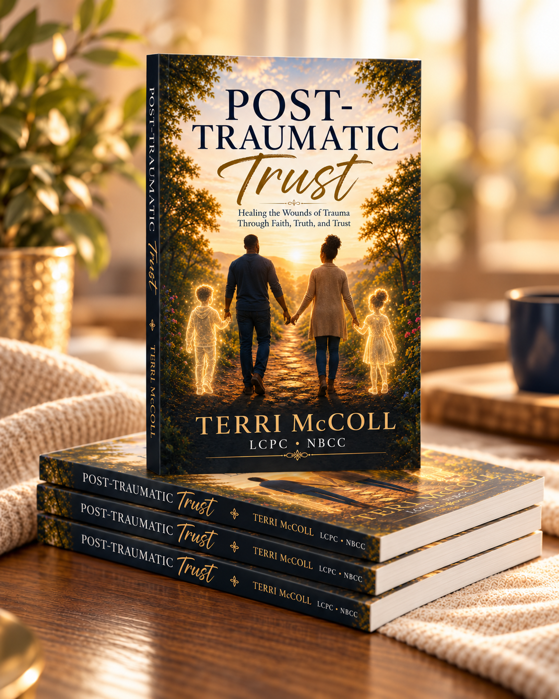 Post-Traumatic Trust paperback by Terri McColl, shown standing on a stack of copies